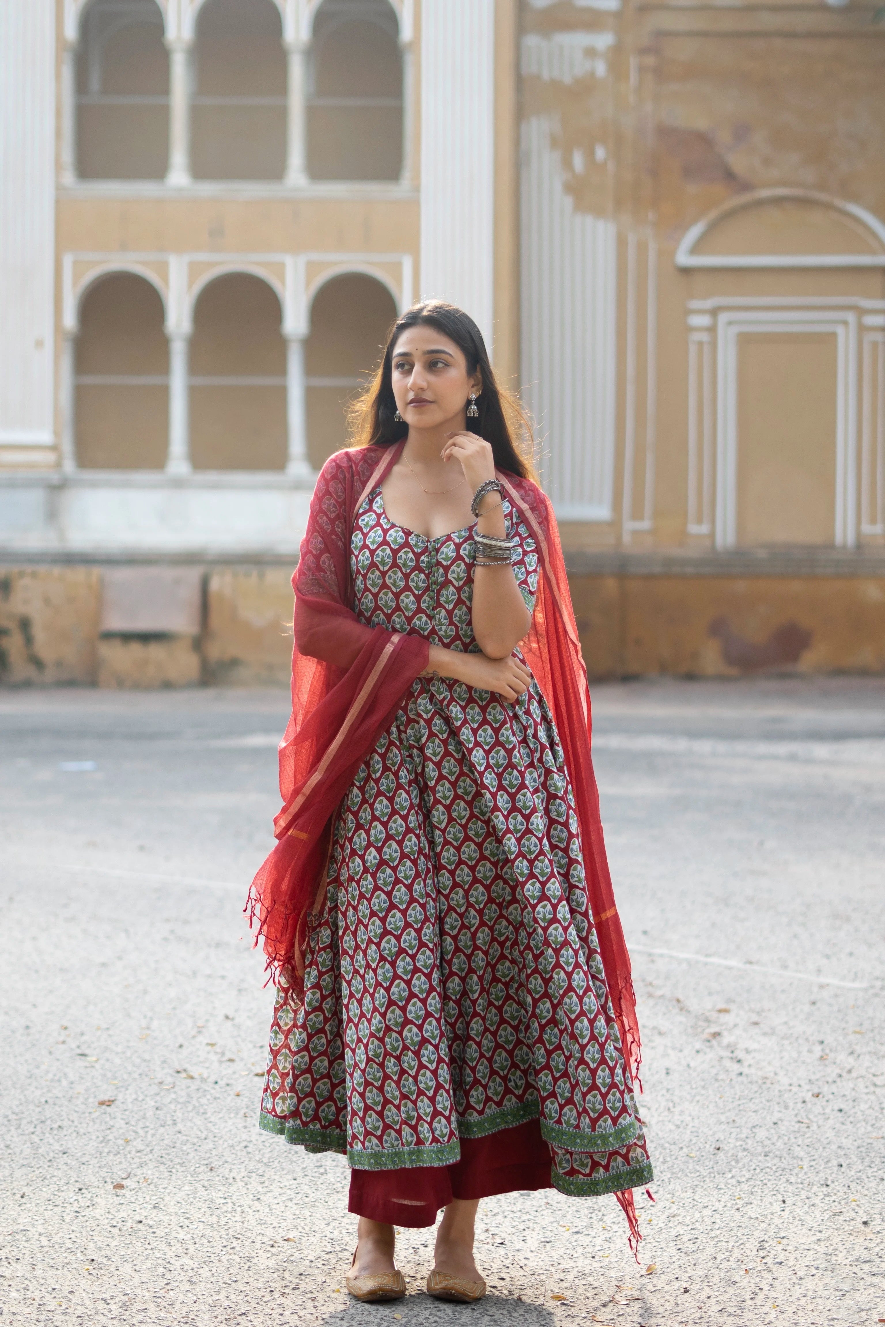 Red Rapid Buti Cotton Anarkali Set