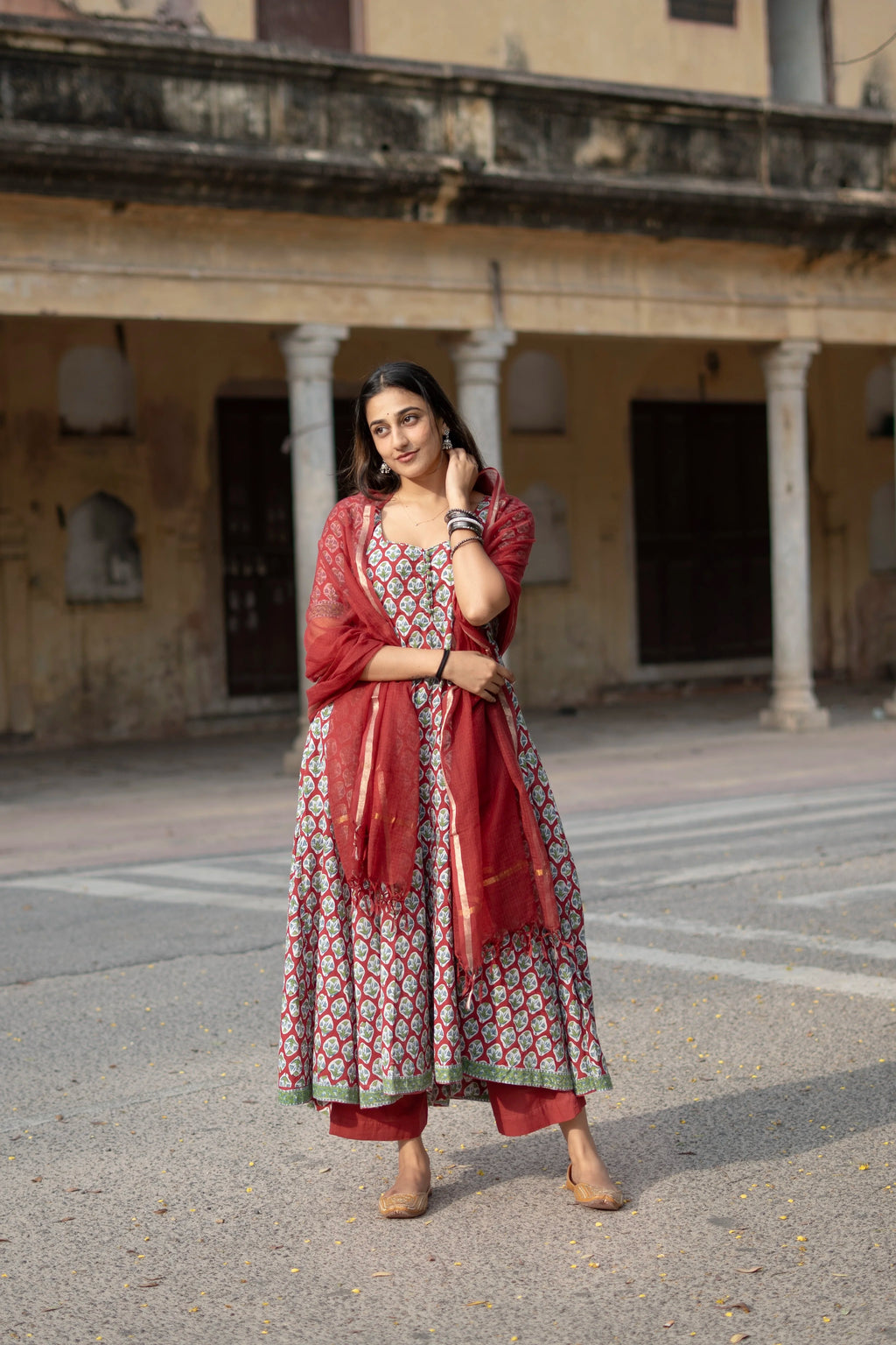 Red Rapid Buti Cotton Anarkali Set