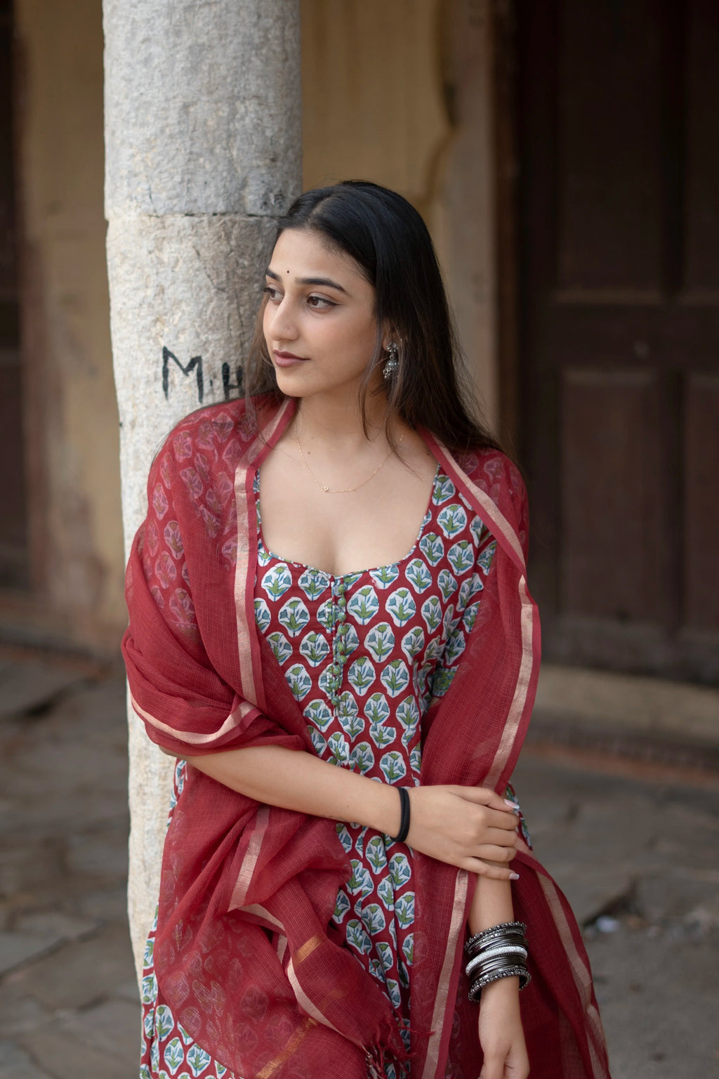 Red Rapid Buti Cotton Anarkali Set