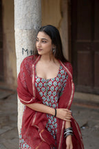 Red Rapid Buti Cotton Anarkali Set