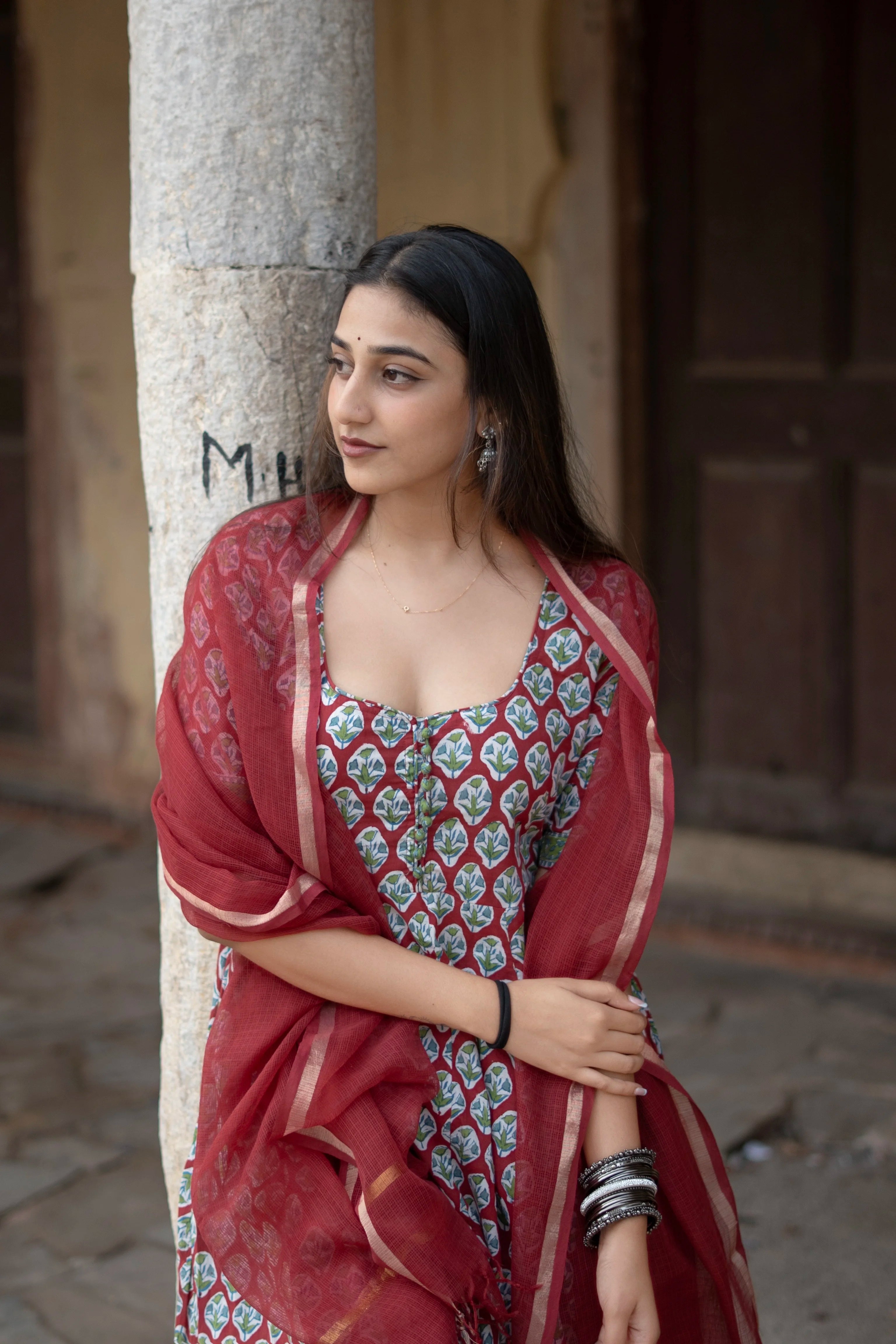 Red Rapid Buti Cotton Anarkali Set