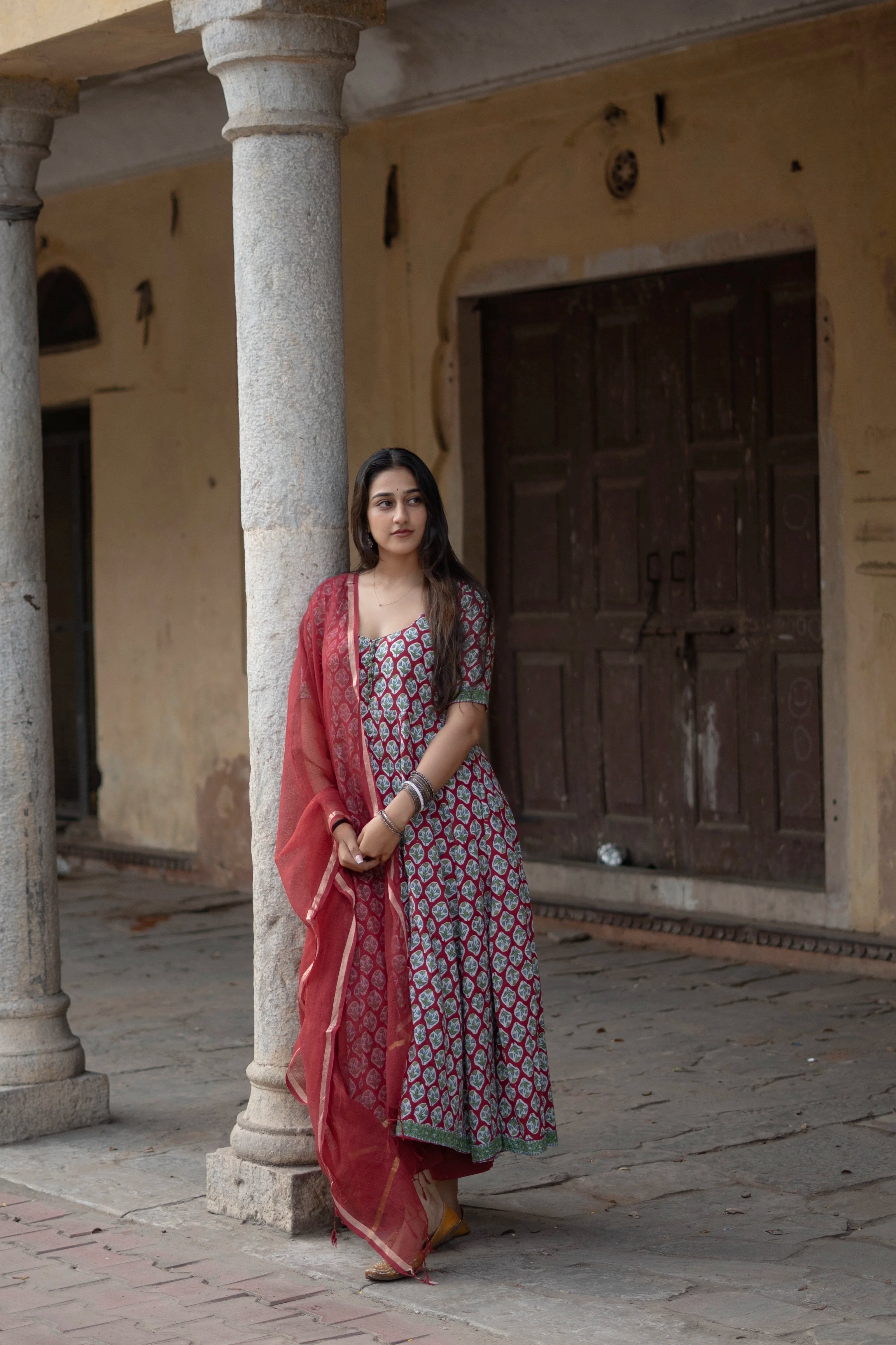 Red Rapid Buti Cotton Anarkali Set