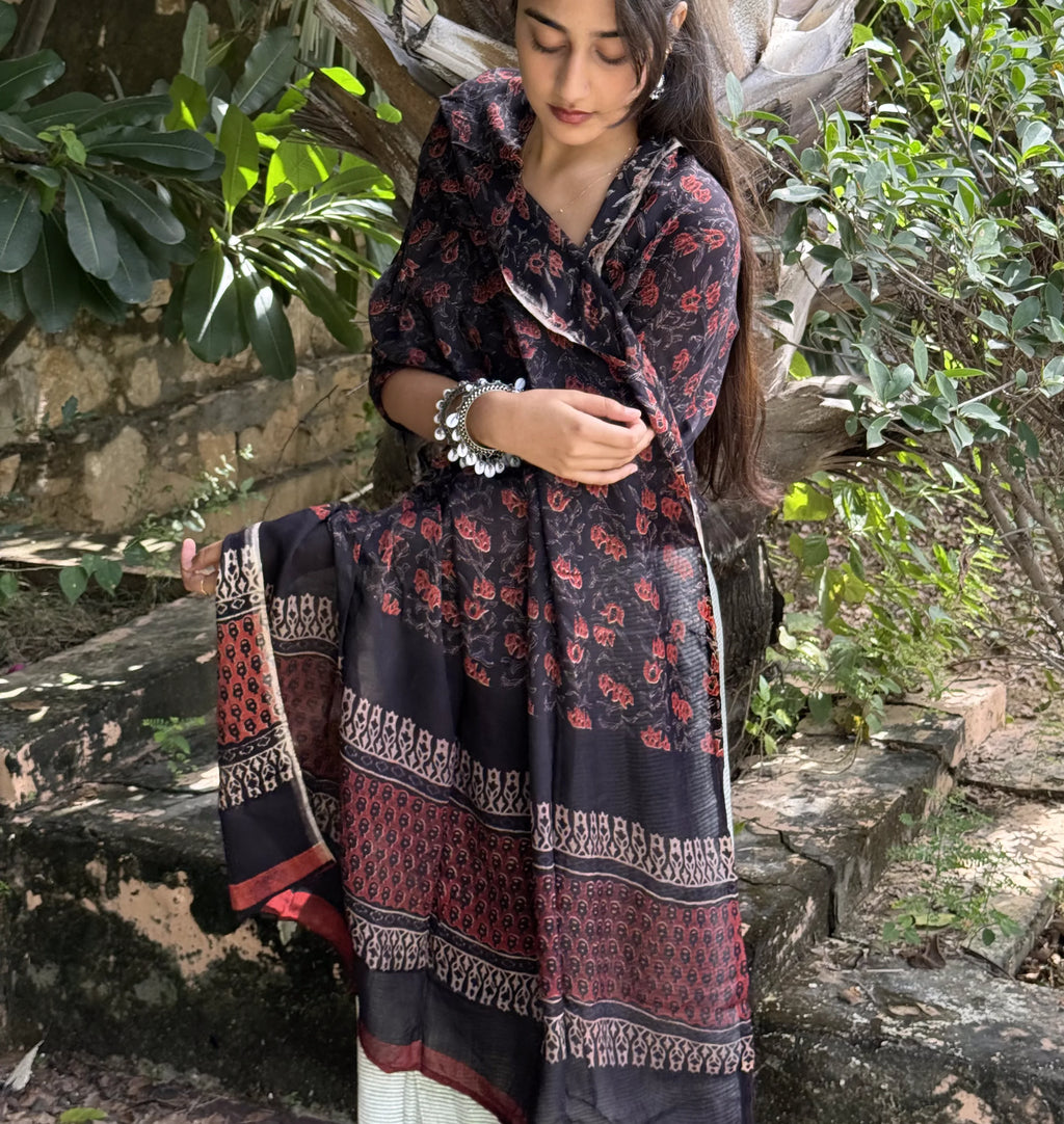 Black Ajrakh Putai Modal Dupatta