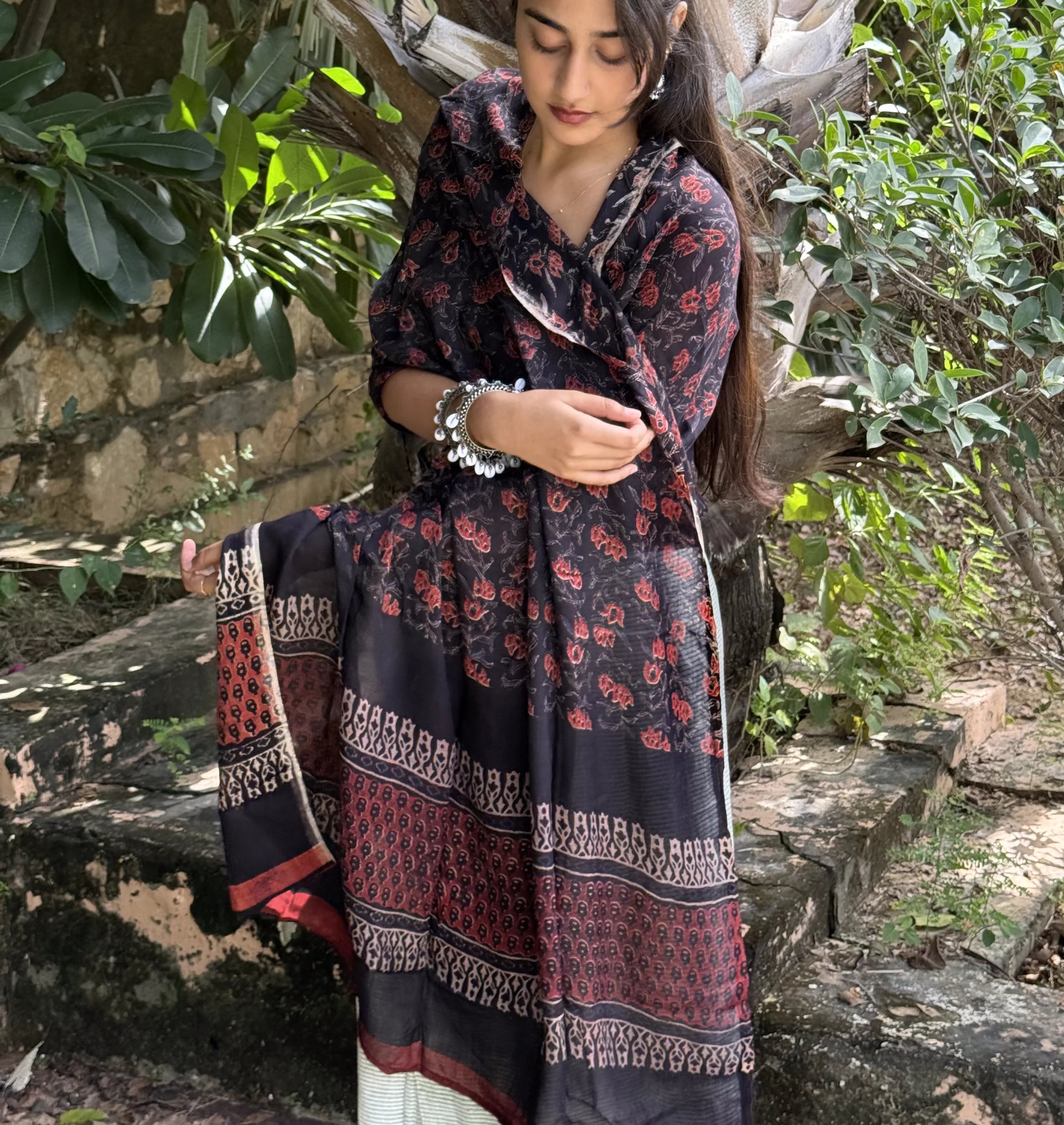 Black Ajrakh Putai Modal Dupatta