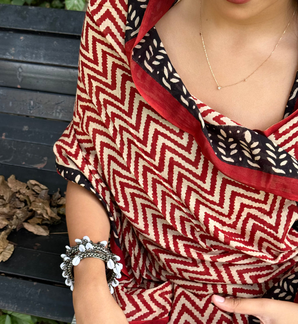 Red Kalamkari Cotton Mulmul Dupatta