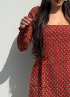 Rustic Red Fadat Buti Cotton Mulmul Short Kurti