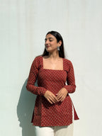 Rustic Red Fadat Buti Cotton Mulmul Short Kurti