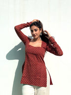 Rustic Red Fadat Buti Cotton Mulmul Short Kurti