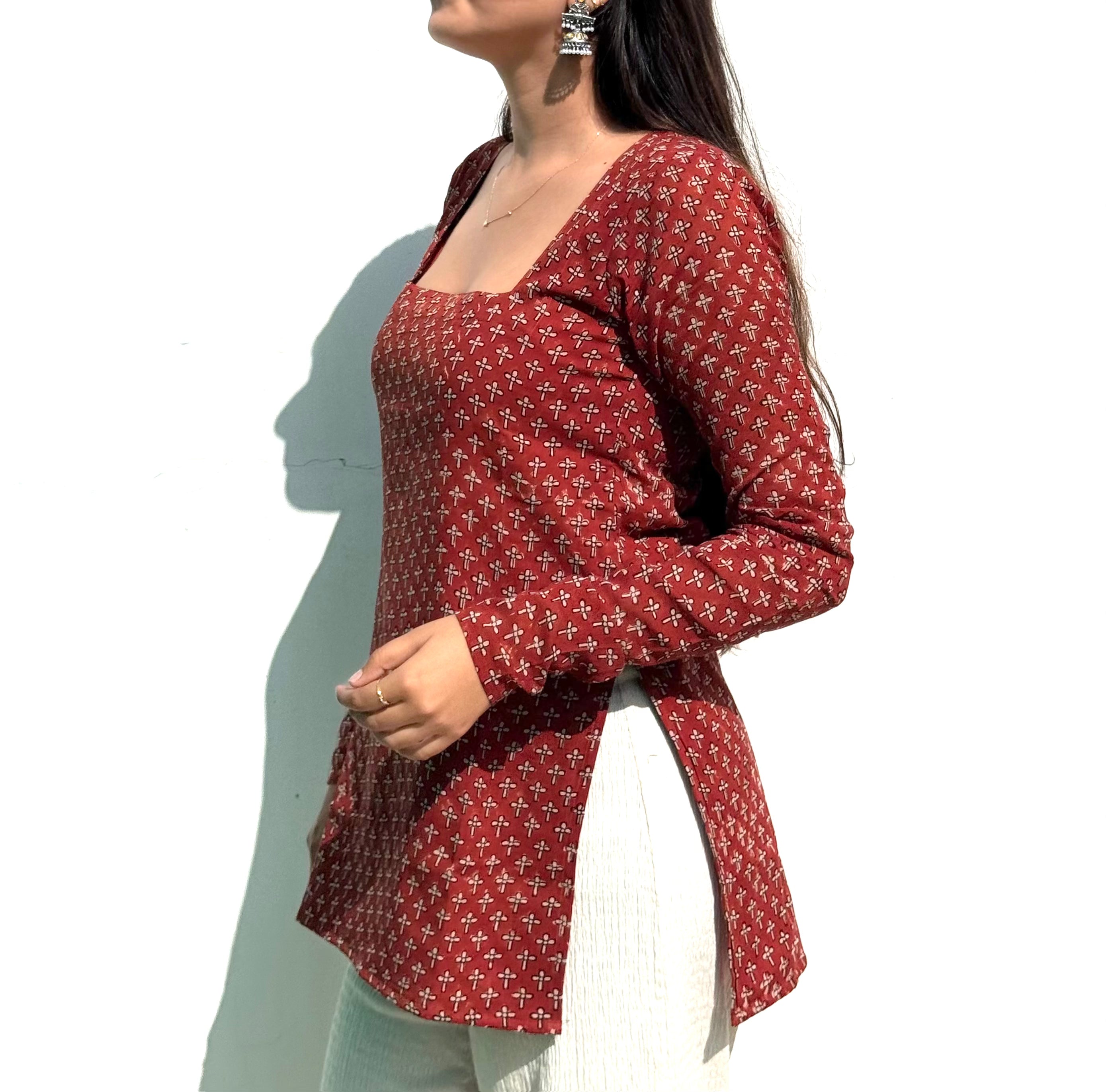 Rustic Red Fadat Buti Cotton Mulmul Short Kurti