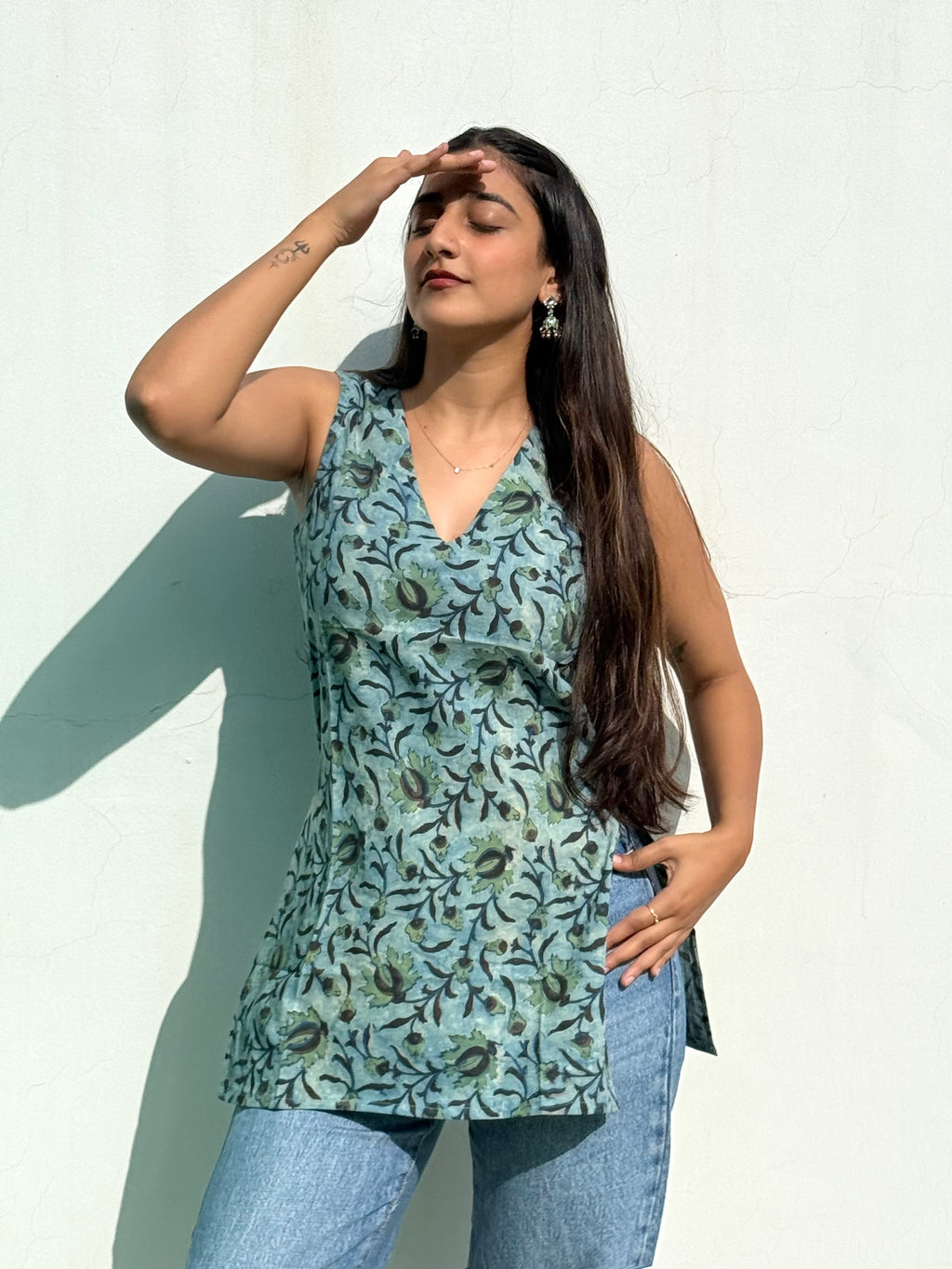 Indigo Blue Ajrakh Jaal Cotton Short Kurti