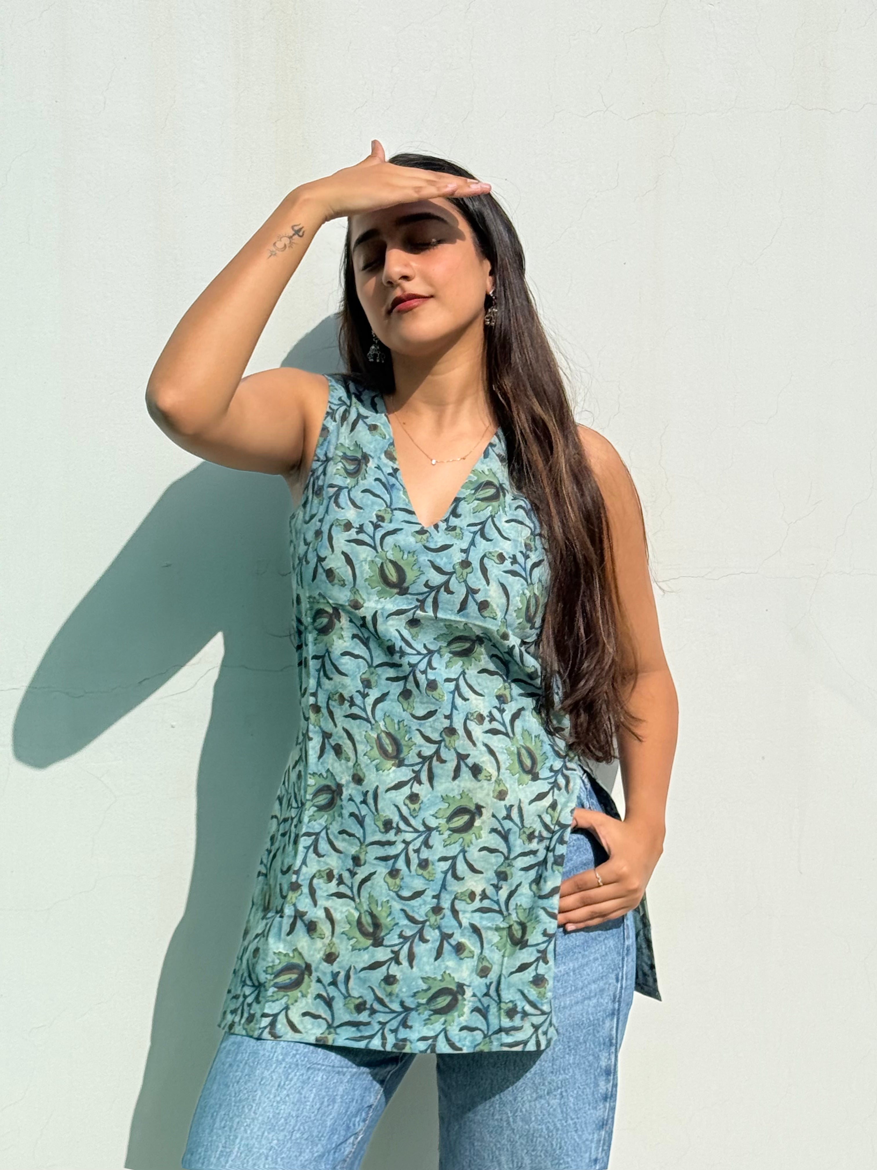 Indigo Blue Ajrakh Jaal Cotton Short Kurti