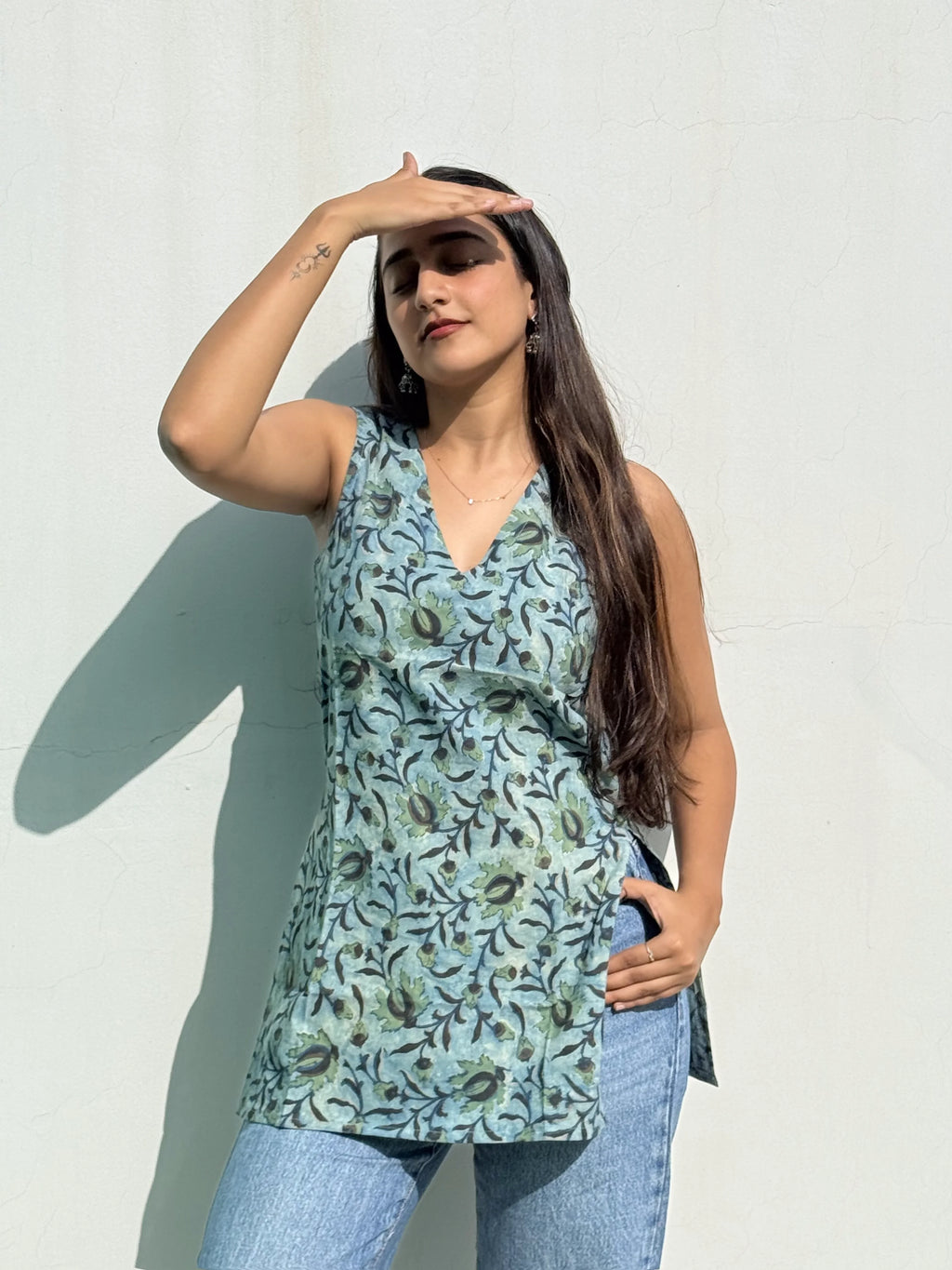 Indigo Blue Ajrakh Jaal Cotton Short Kurti