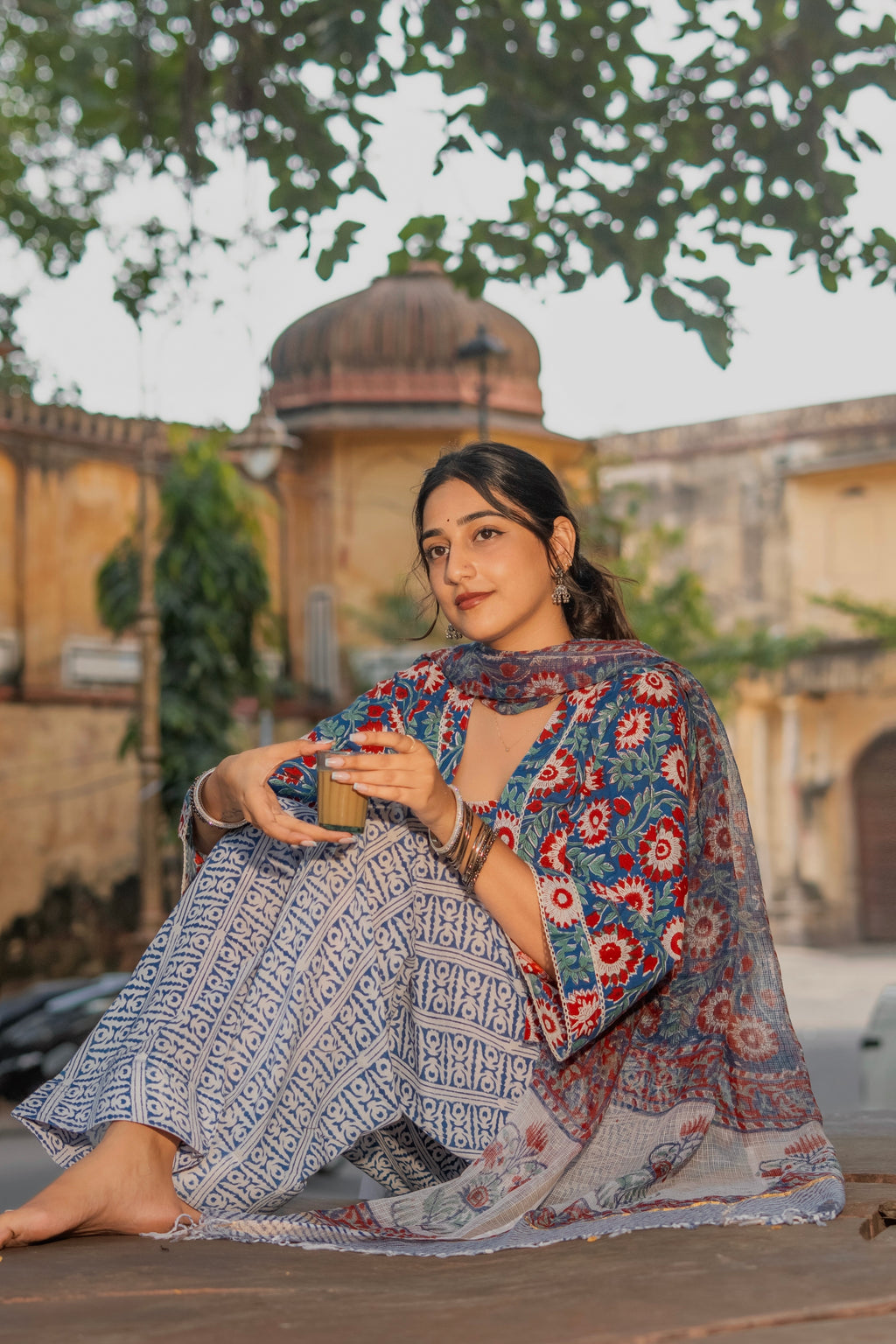 Blue Rapid Kalamkari Cotton Persian Salwar Kurti Set