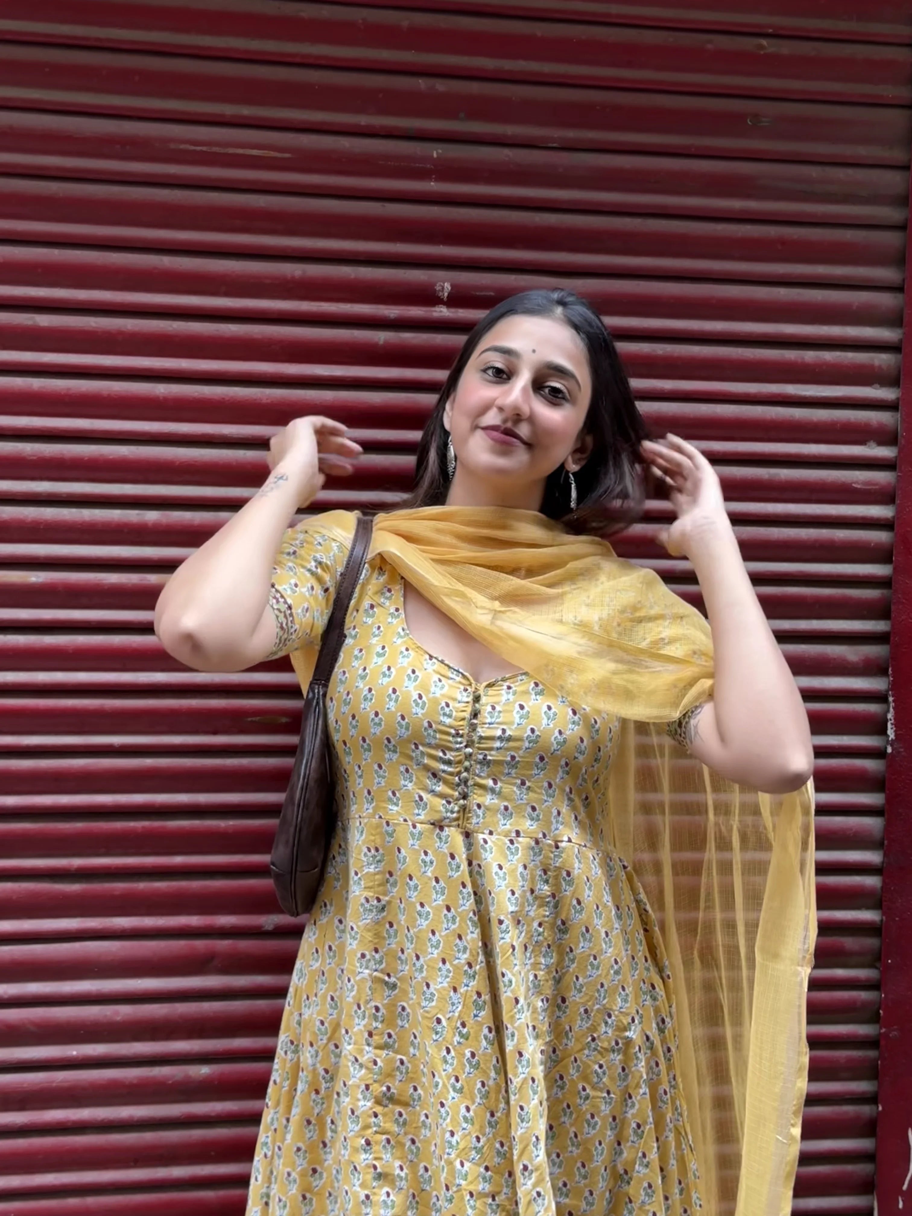 Yellow Rapid Buti Cotton Anarkali Set