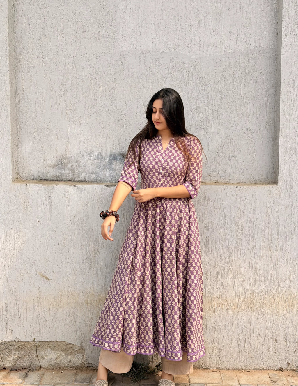 Purple Kalamkari booti Cotton Anarkali Set