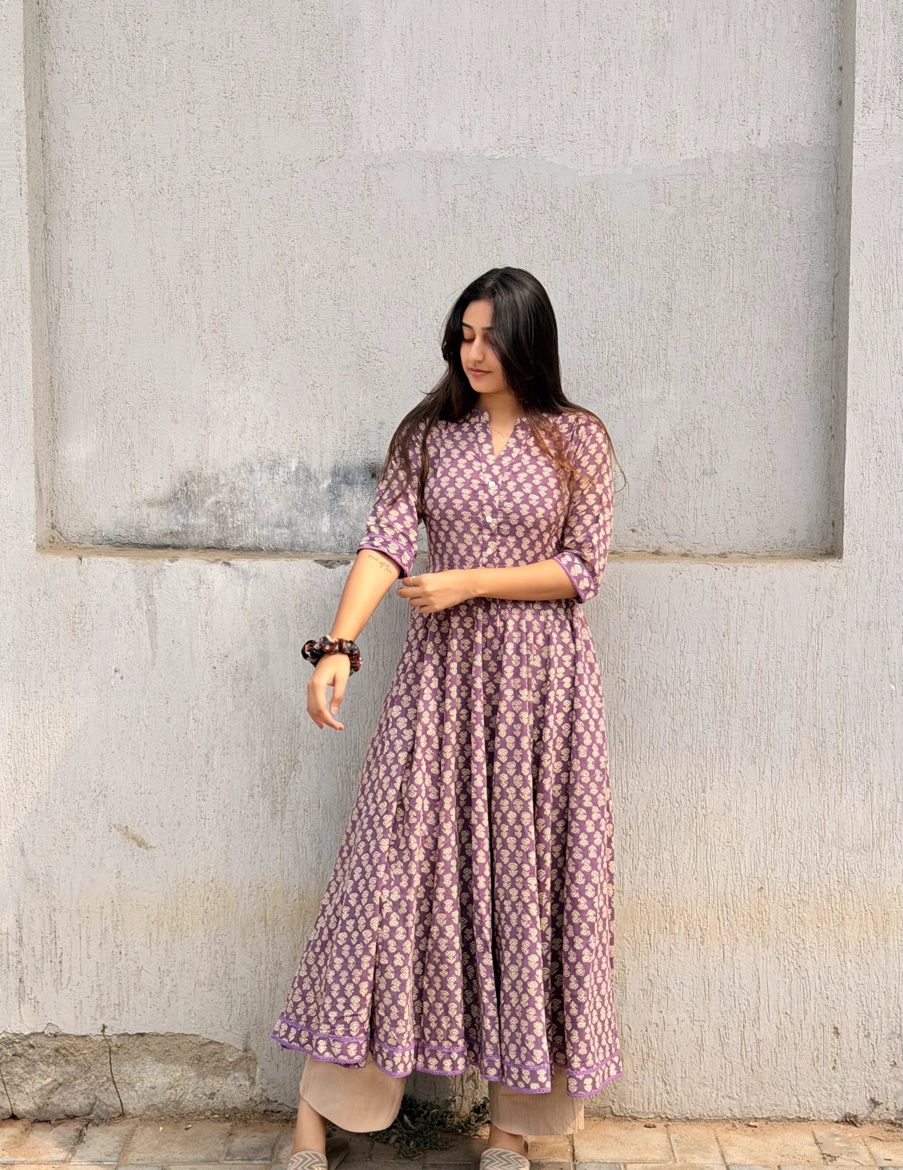 Purple Kalamkari booti Cotton Anarkali Set