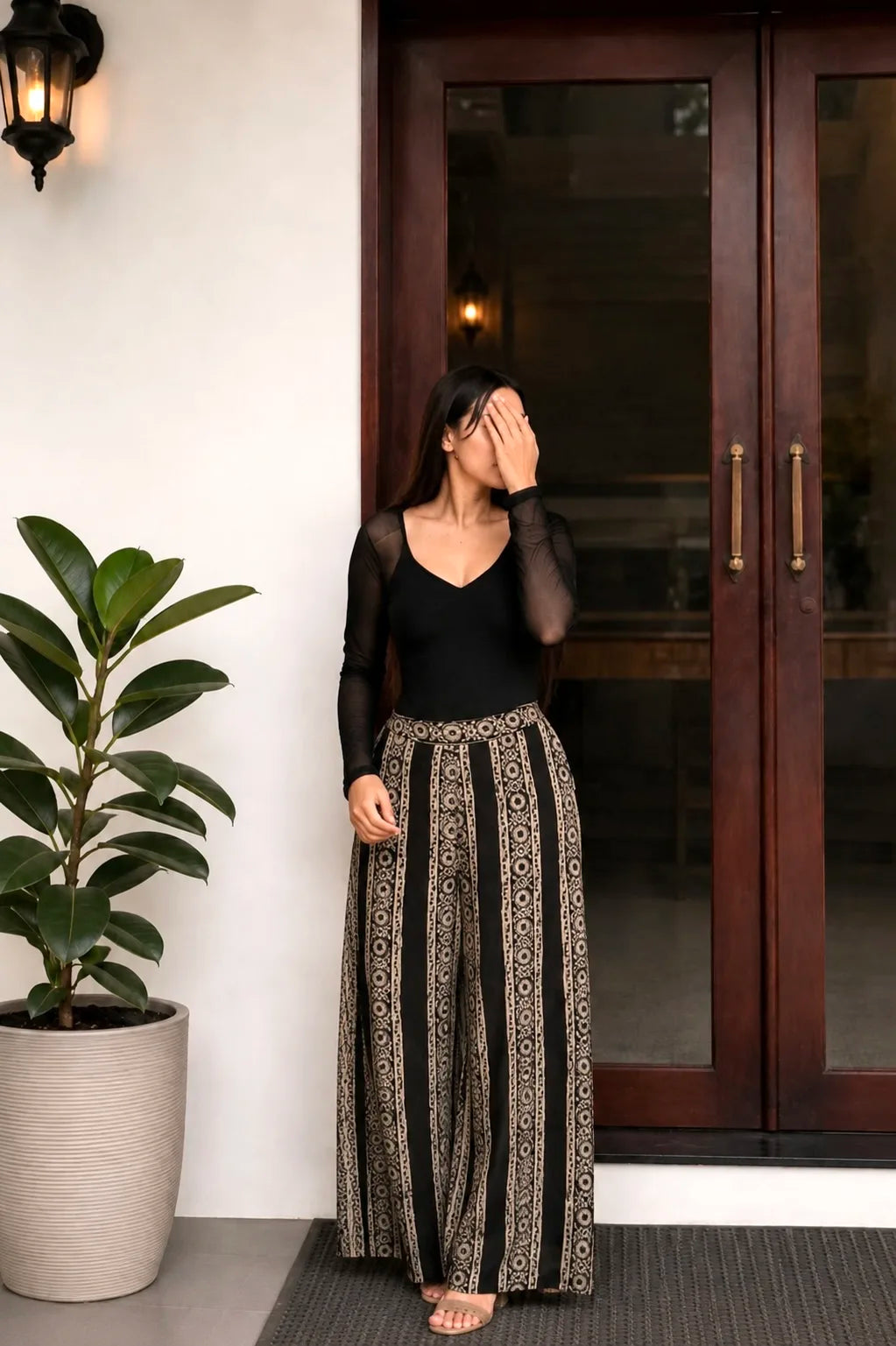 Beige Black Bagru Stripe Rayon Flared Pants - Full Look - Women's Ethnic Wear - Inold