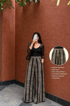 Beige Black Bagru Stripe Rayon Flared Pants - Side View - Bagru Block Print - Inold
