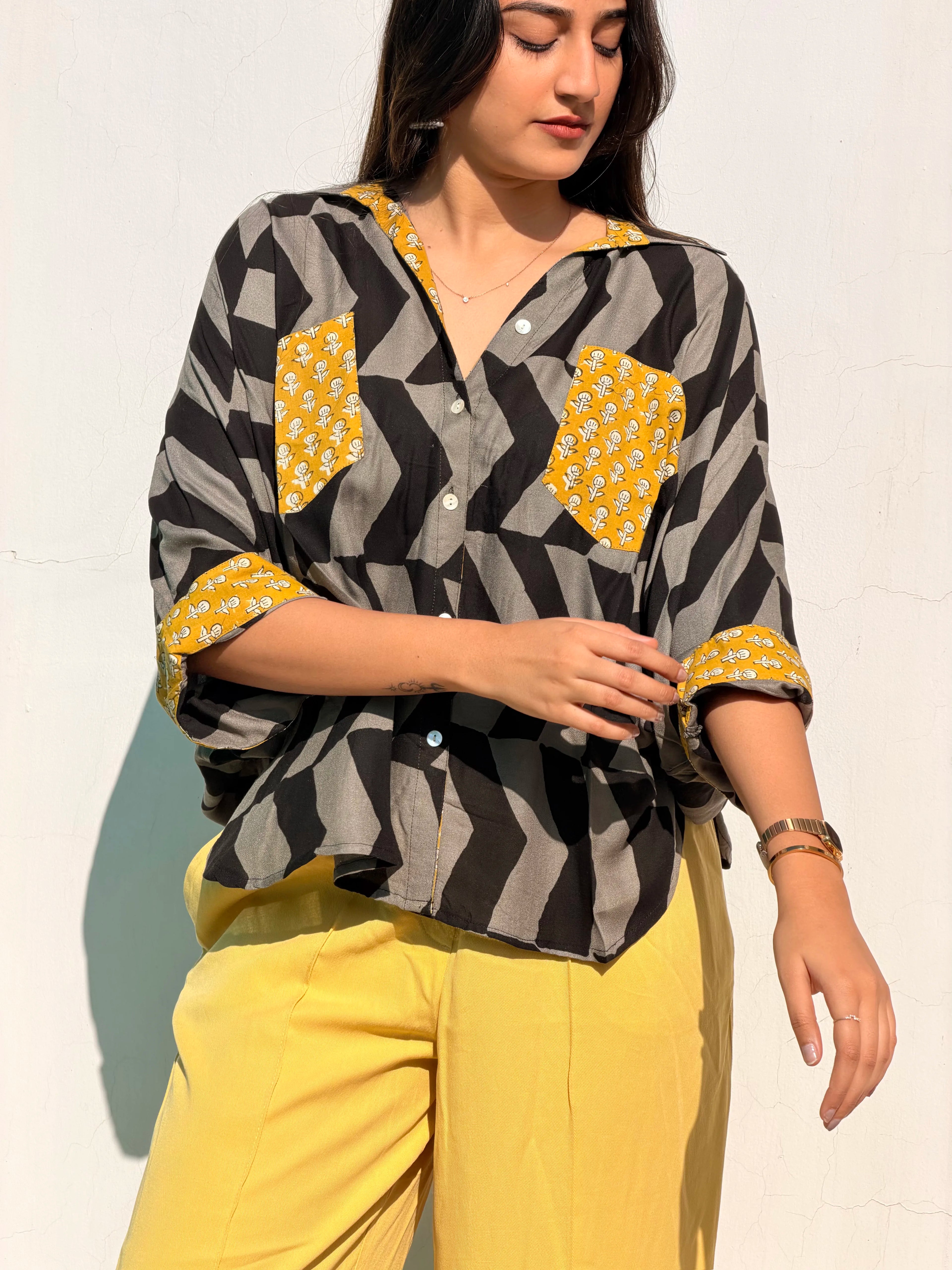 Grey Kalamkari Buti Luxe Crepe Cotton Kaftan Shirt